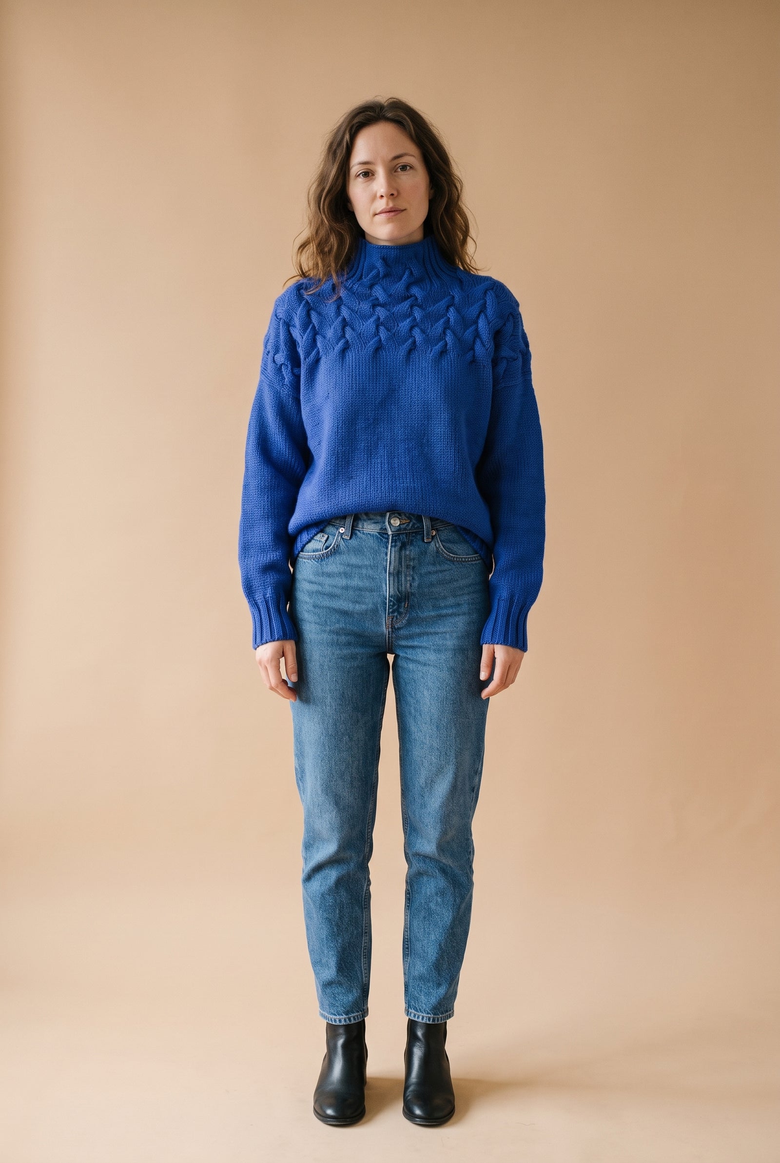 Women's Sweater Oversized Turtleneck in Blue — studio front full