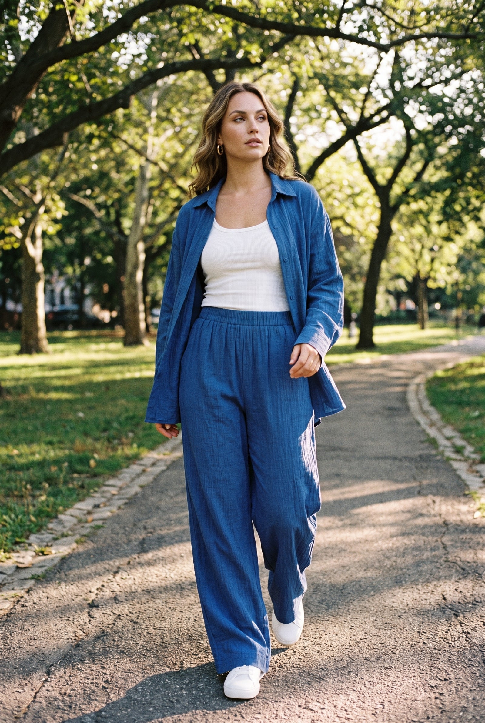 Women's Two-Piece Set Oversized Blouse in Blue — park walk
