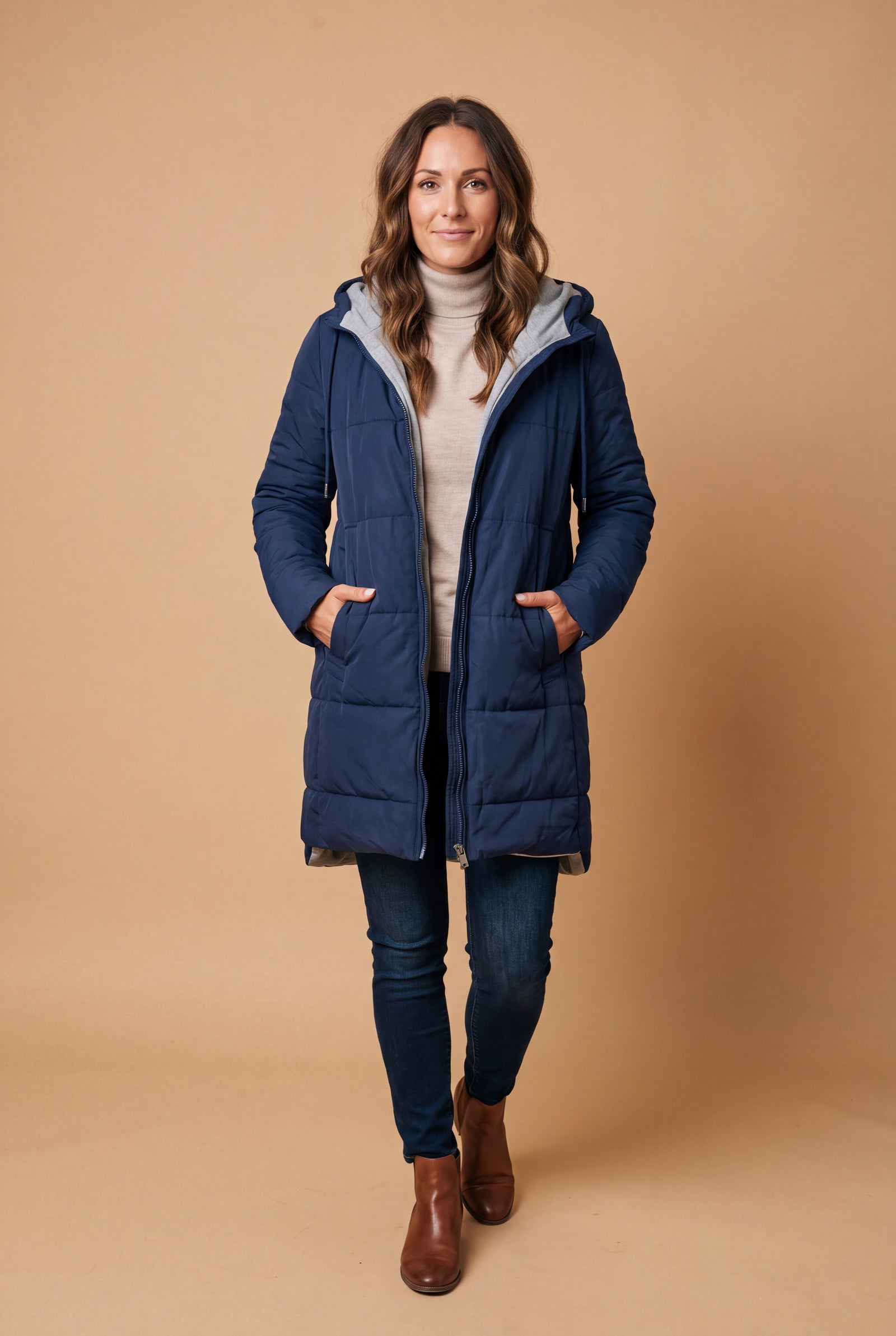 Women's Winter Coat Adjustable Hood in Blue — studio full