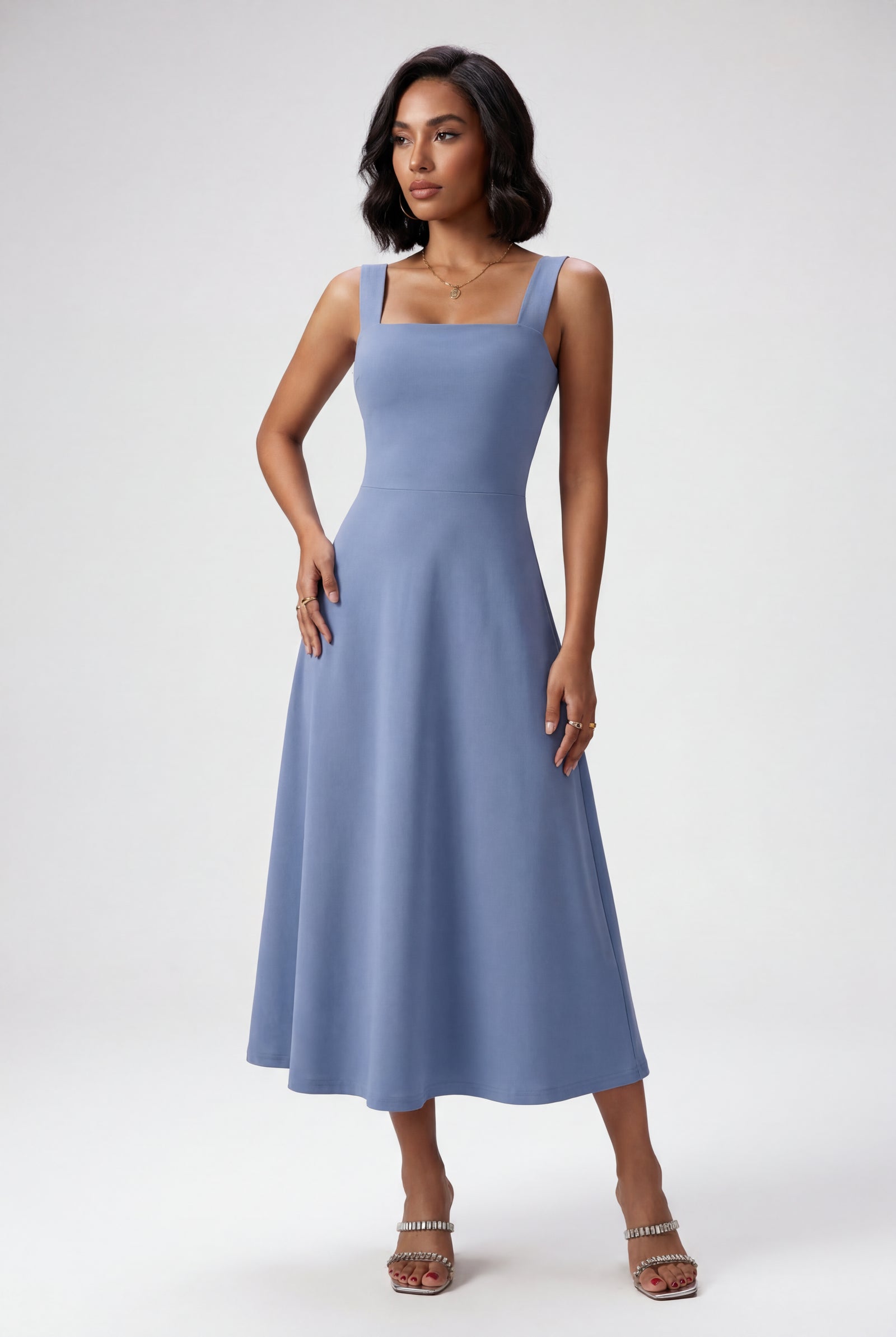 Blue Women's Square Neck Sleeveless A-Line Midi Dress - Photo 3