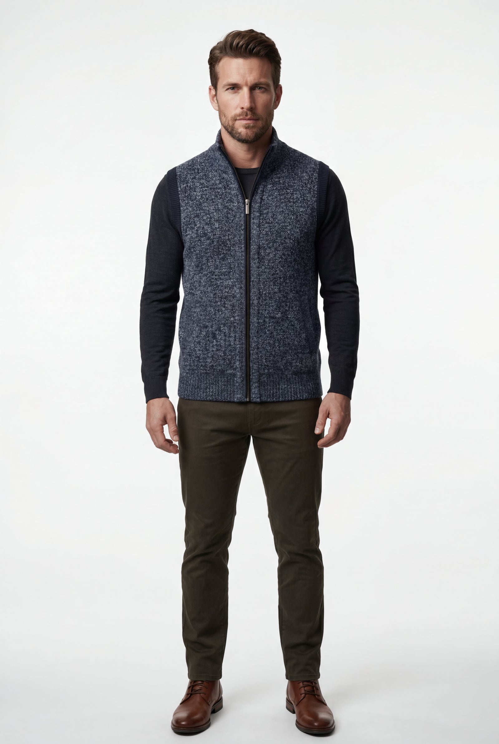 Blue Zip-front Colorblock Knitted Vest with Stand Collar - Knitted vests - Photo 6