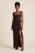 Brown Asymmetric Ruffle Maxi Dress with High Slit - Photo 1