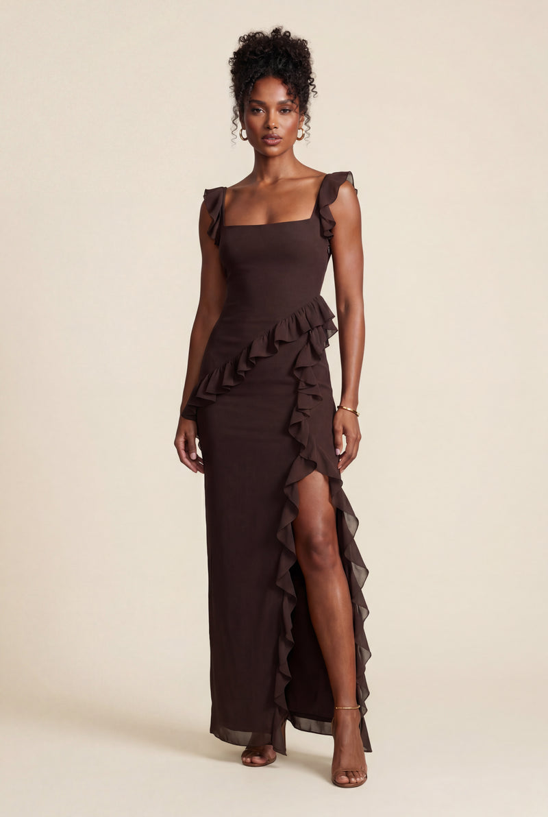 Brown Asymmetric Ruffle Maxi Dress with High Slit - Photo 1