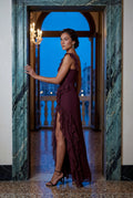 Burgundy Asymmetric Ruffle Maxi Dress with High Slit - Photo 11