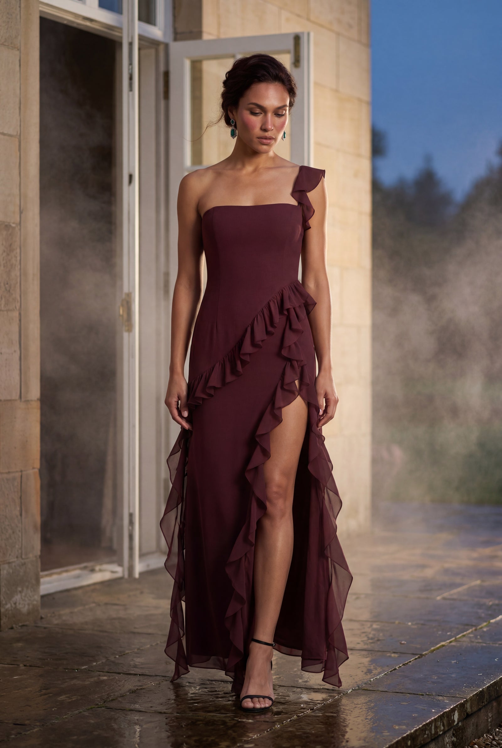 Burgundy Asymmetric Ruffle Maxi Dress with High Slit - Photo 17