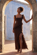Brown Asymmetric Ruffle Maxi Dress with High Slit - Photo 18