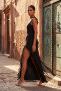 Black Asymmetric Ruffle Maxi Dress with High Slit - Photo 19