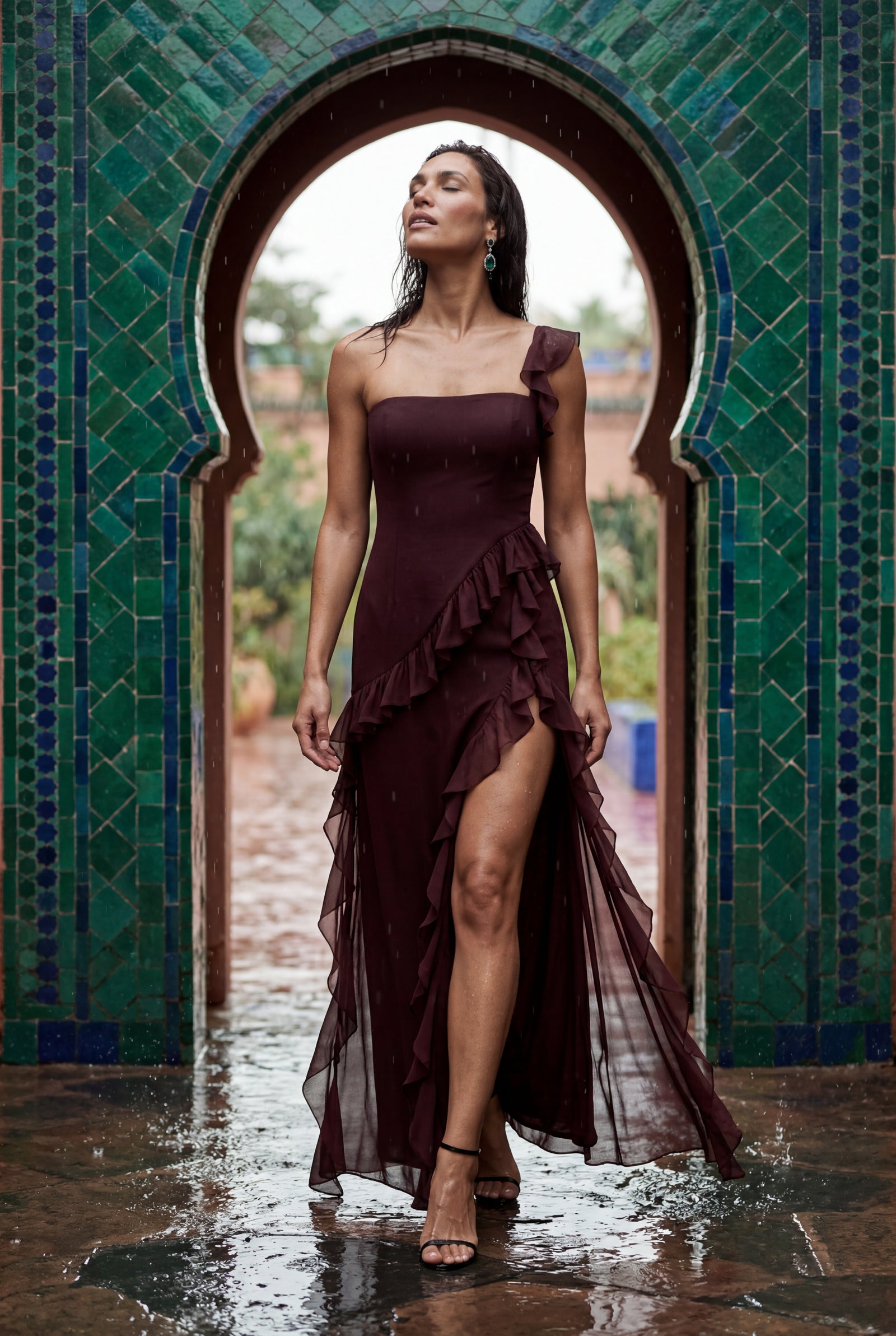 Burgundy Asymmetric Ruffle Maxi Dress with High Slit - Photo 22