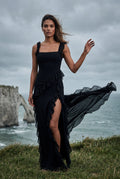 Black Asymmetric Ruffle Maxi Dress with High Slit - Photo 23