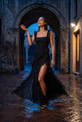 Black Asymmetric Ruffle Maxi Dress with High Slit - Photo 24