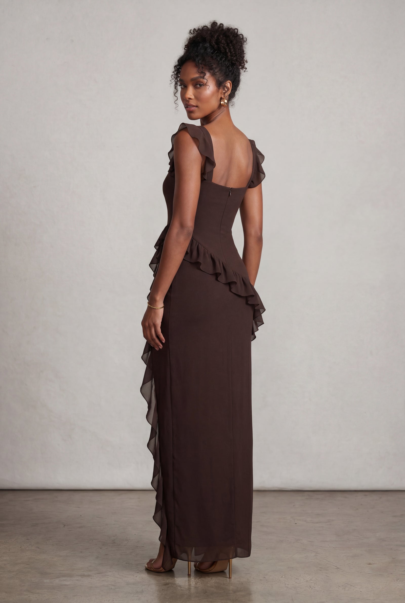 Brown Asymmetric Ruffle Maxi Dress with High Slit - Photo 4