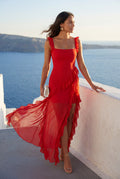 Red Asymmetric Ruffle Maxi Dress with High Slit - Photo 5