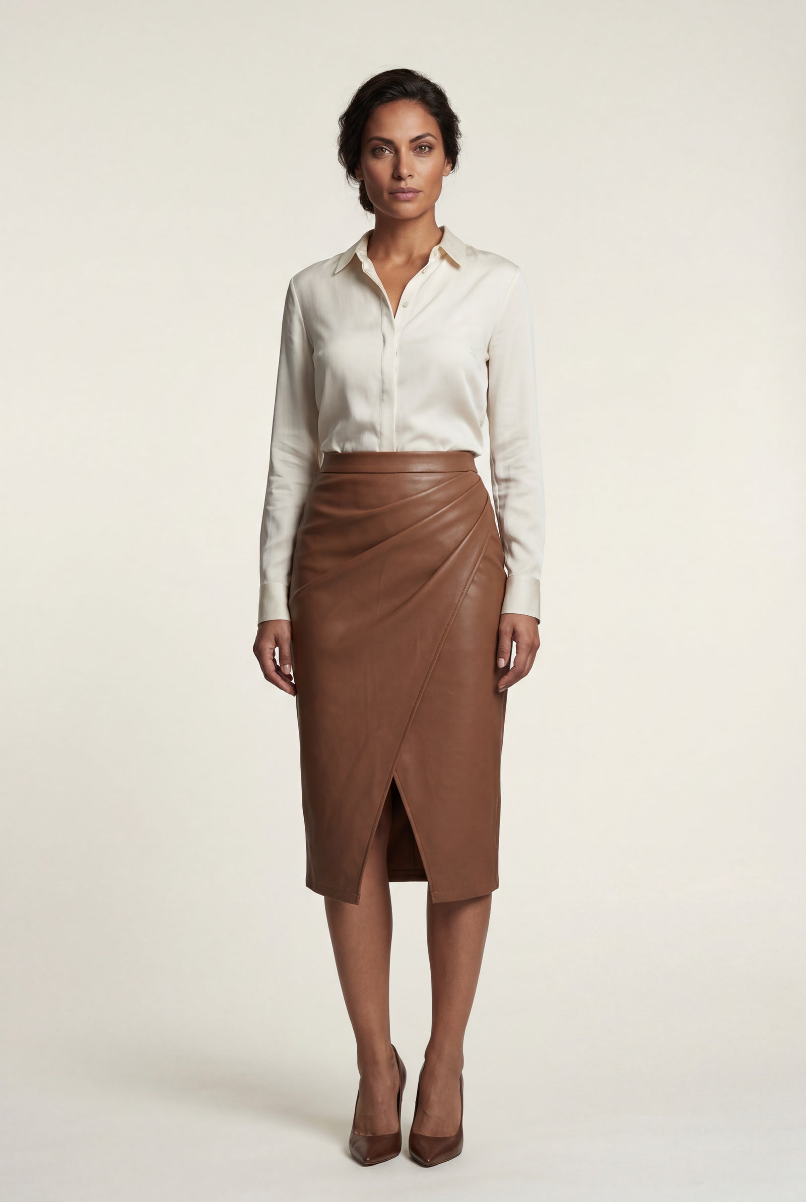 Brown Asymmetric Wrap Front Midi Pencil Skirt with Slit - Midi skirts - Photo 1