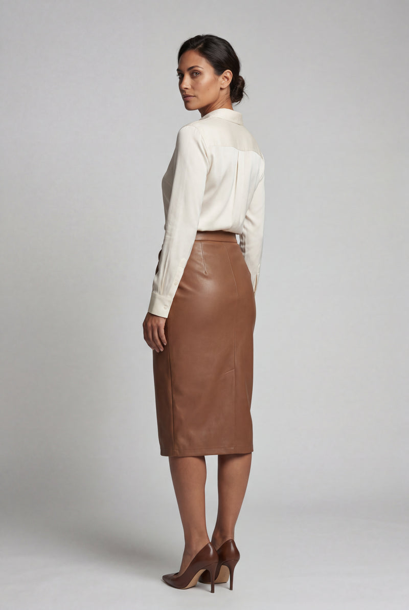 Brown Asymmetric Wrap Front Midi Pencil Skirt with Slit - Midi skirts - Photo 4
