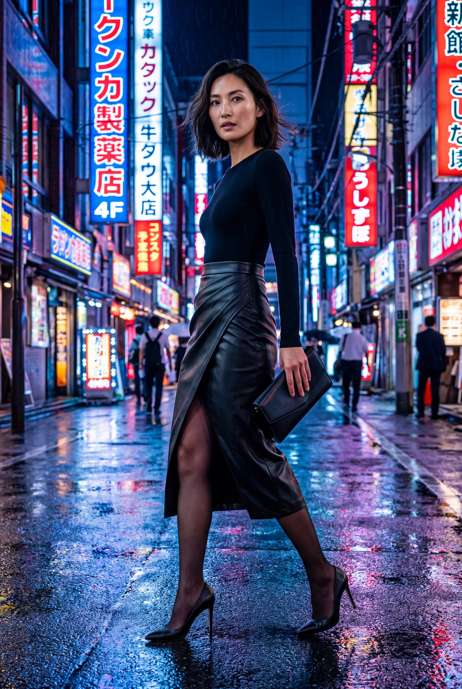 Black Asymmetric Wrap Front Midi Pencil Skirt with Slit - Midi skirts - Photo 6