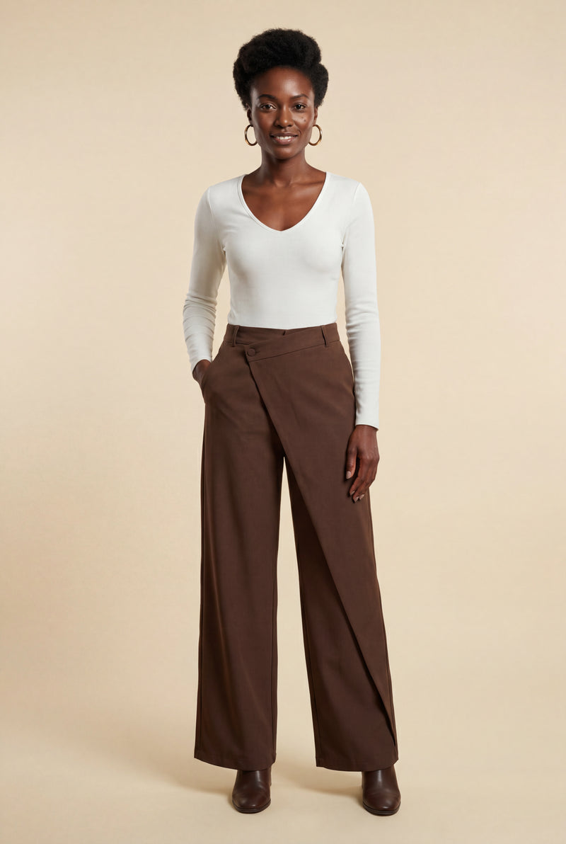 Brown Asymmetrical Wrap Front Wide Leg Trousers - Photo 2