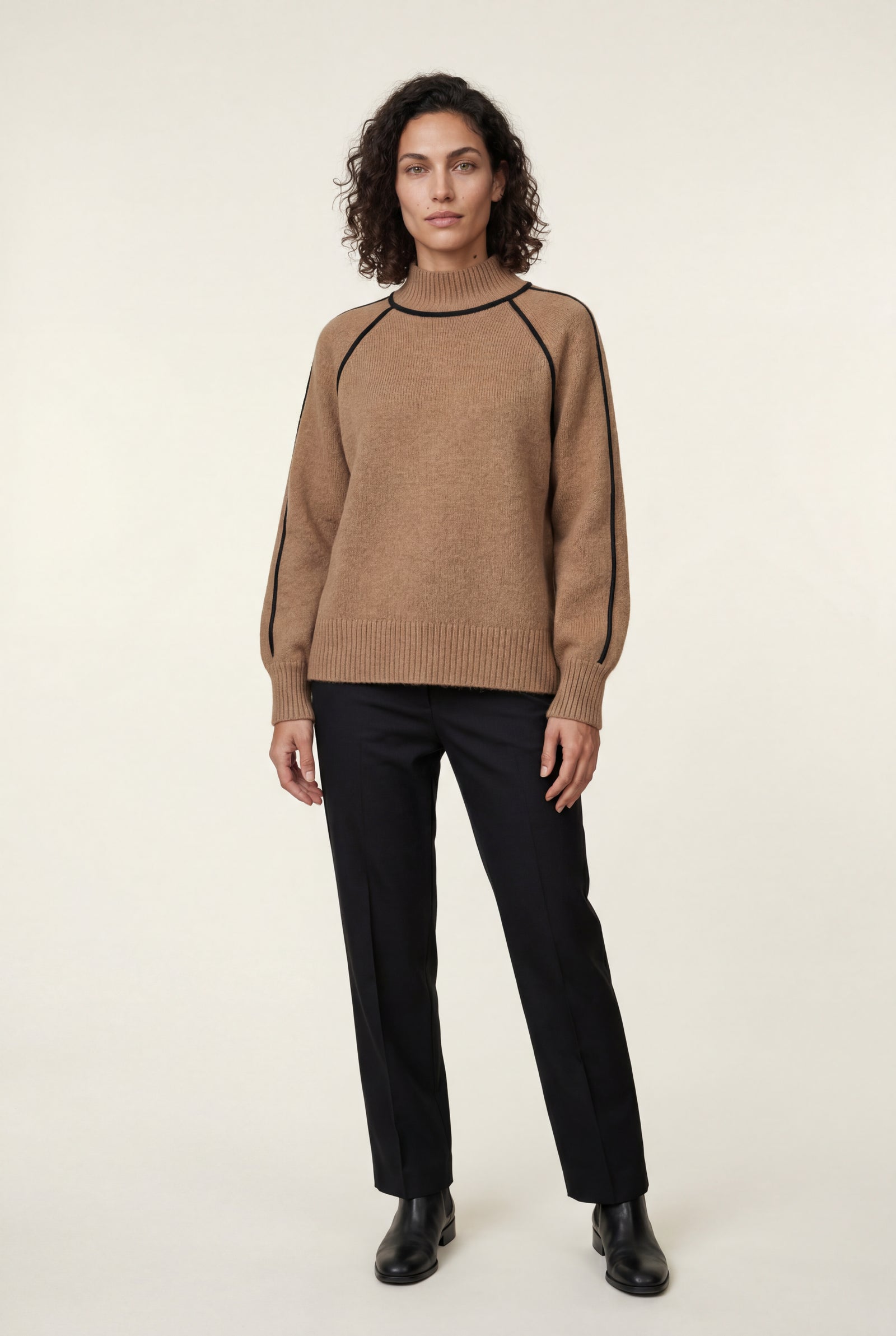 Brown Balloon Sleeve Oversized High Neck Sweater with Piping - Oversized sweater - Photo 1