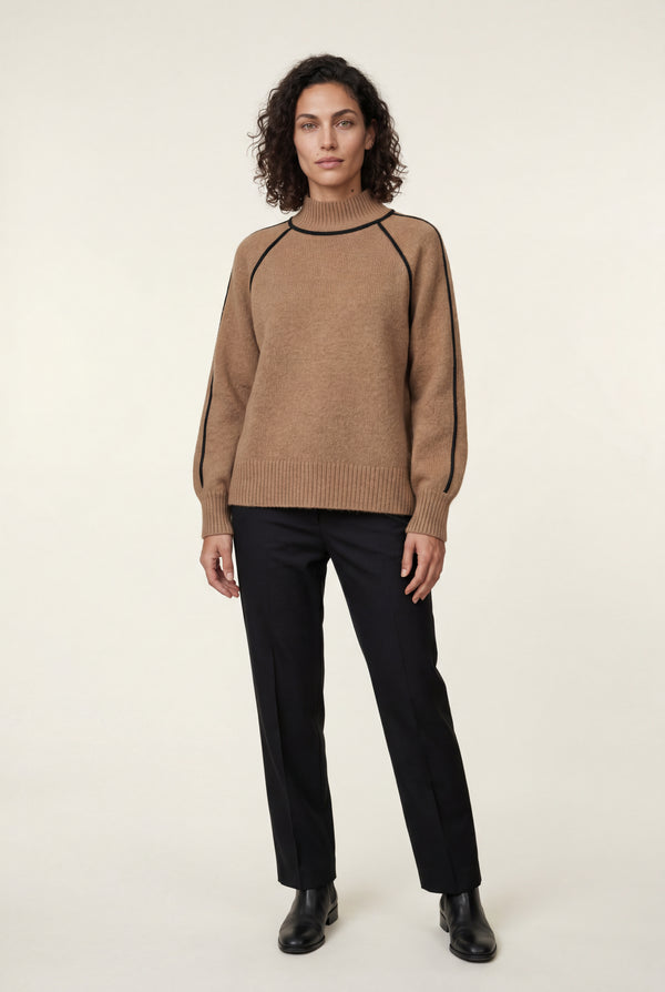 Brown Balloon Sleeve Oversized High Neck Sweater with Piping - Oversized sweater - Photo 1