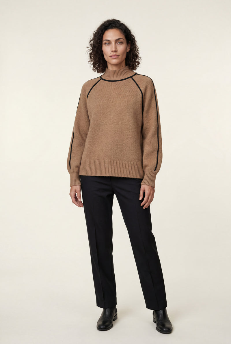 Brown Balloon Sleeve Oversized High Neck Sweater with Piping - Oversized sweater - Photo 1