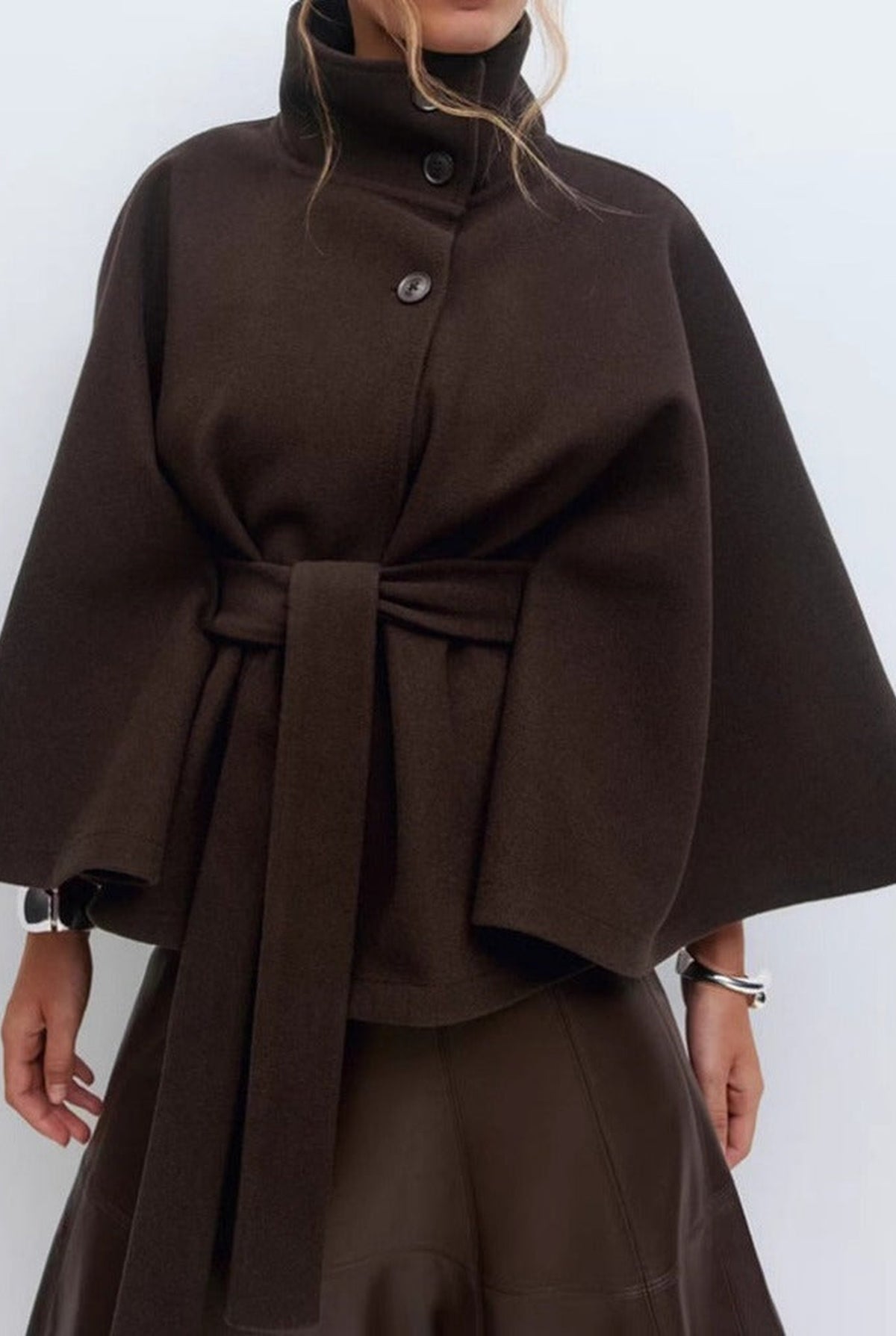 Belted High-Neck Cape Coat in Brown — front view