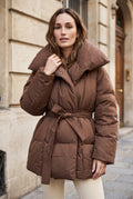 Belted Puffer Coat in Brown — studio front