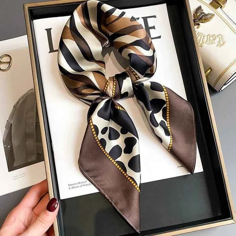 Brown Brown Animal Print Square Scarf with Gold Border Accents - Photo 2