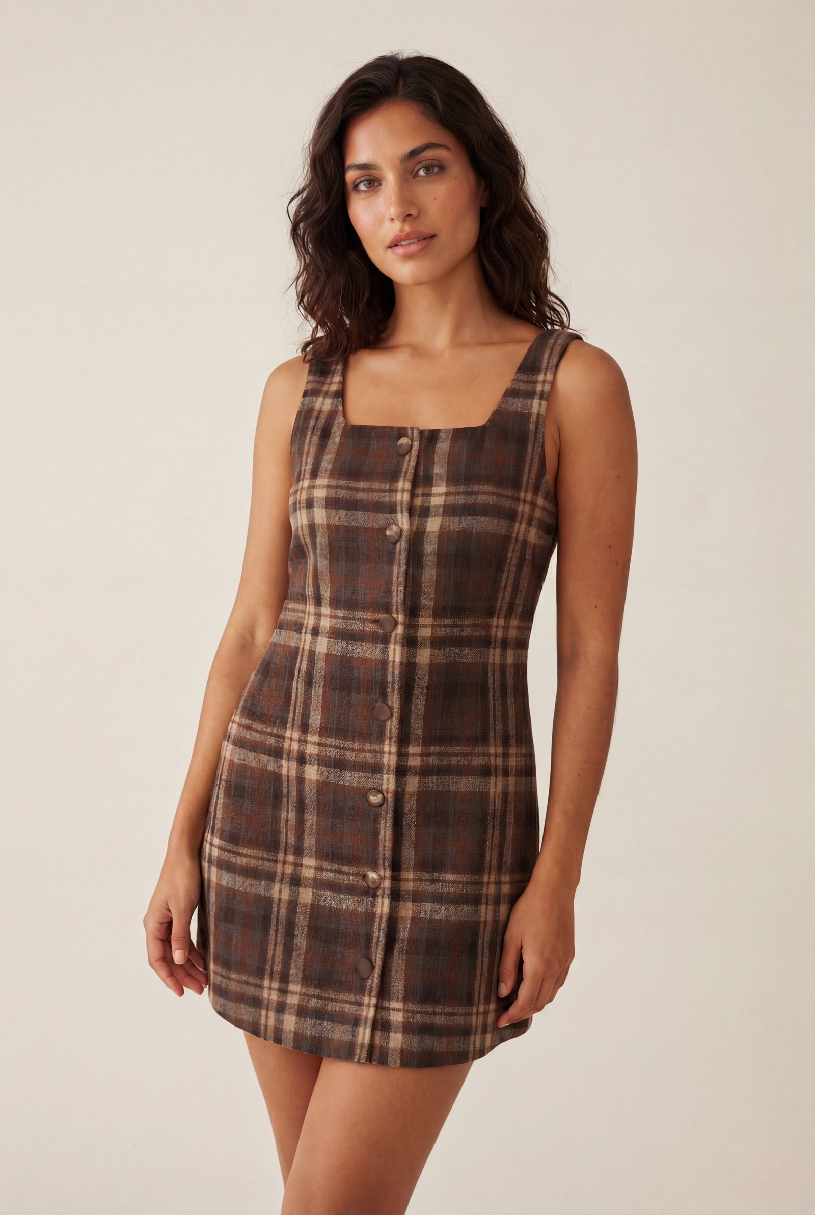 Brown Brown Plaid Button-front A-line Mini Dress - Photo 1