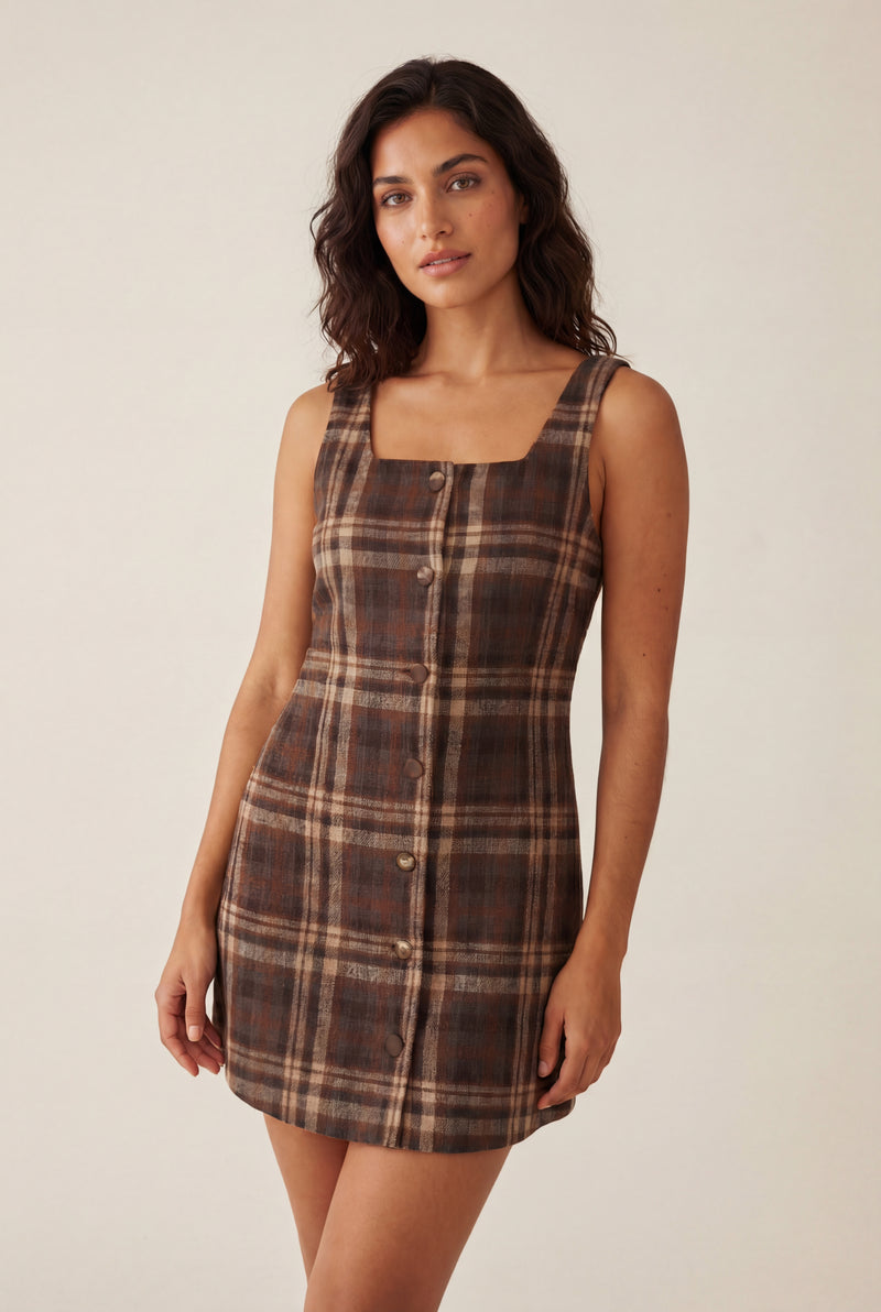 Brown Brown Plaid Button-front A-line Mini Dress - Photo 1