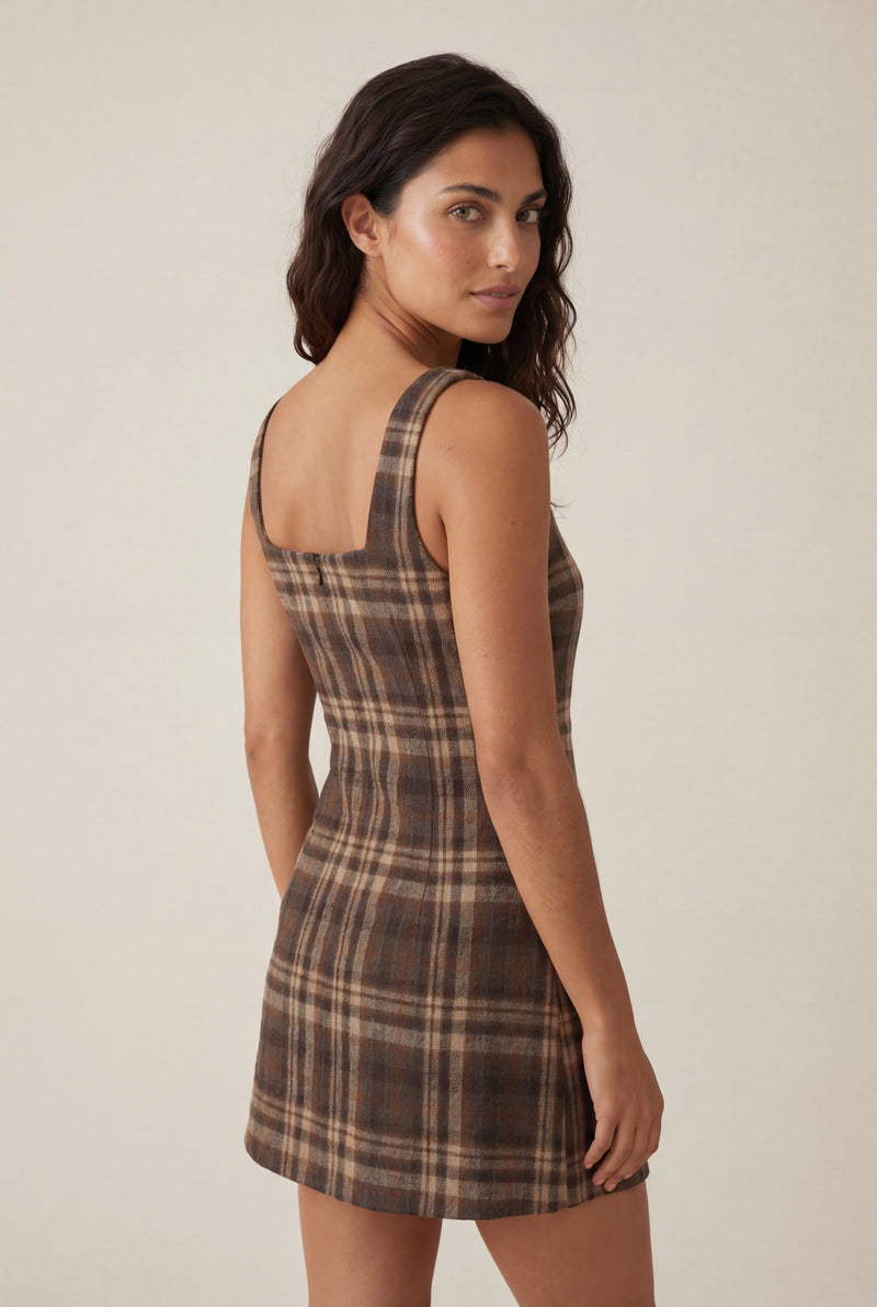 Brown Brown Plaid Button-front A-line Mini Dress - Photo 2