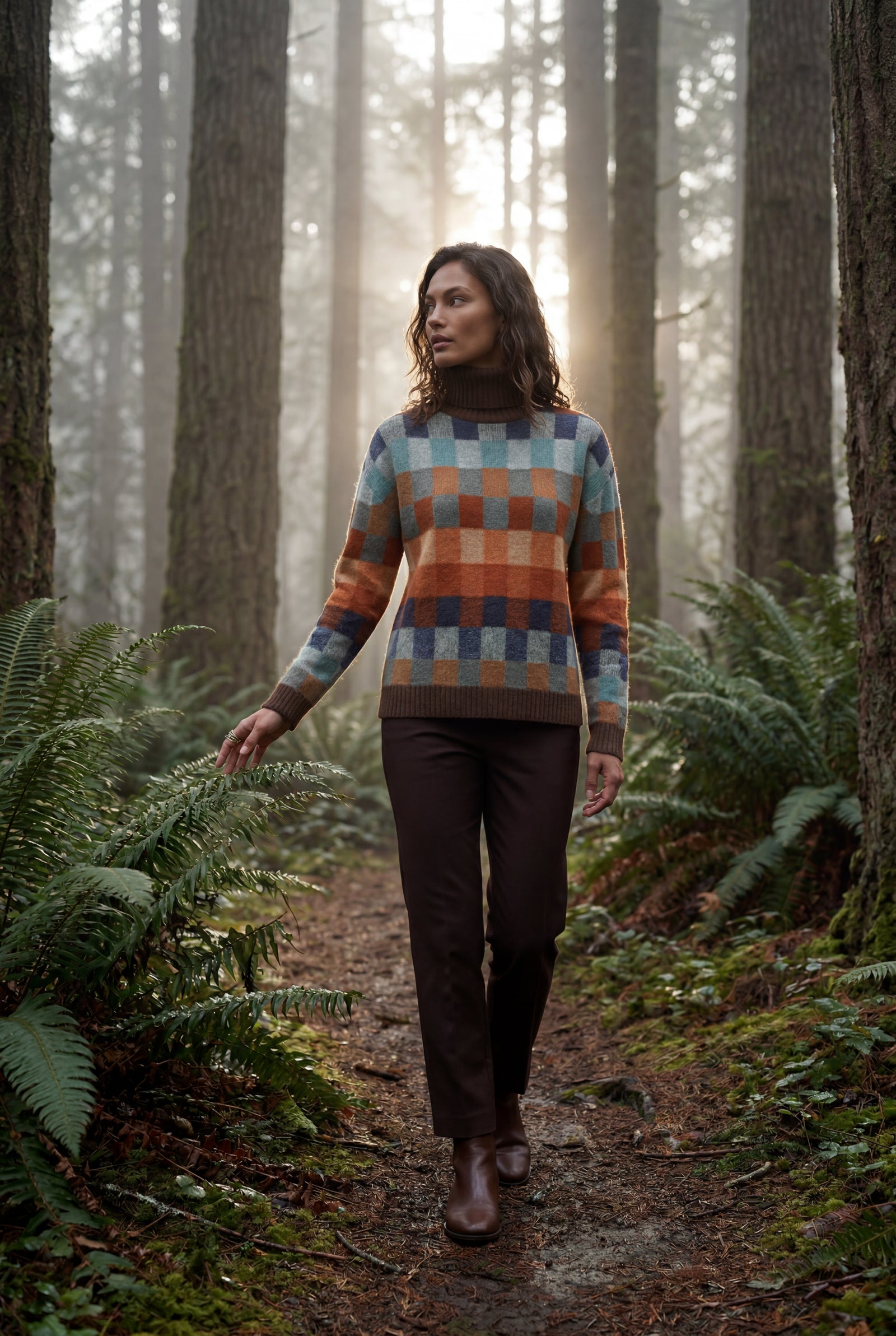 Brown Brown Plaid Checkered Turtleneck Sweater Relaxed Fit - Photo 4