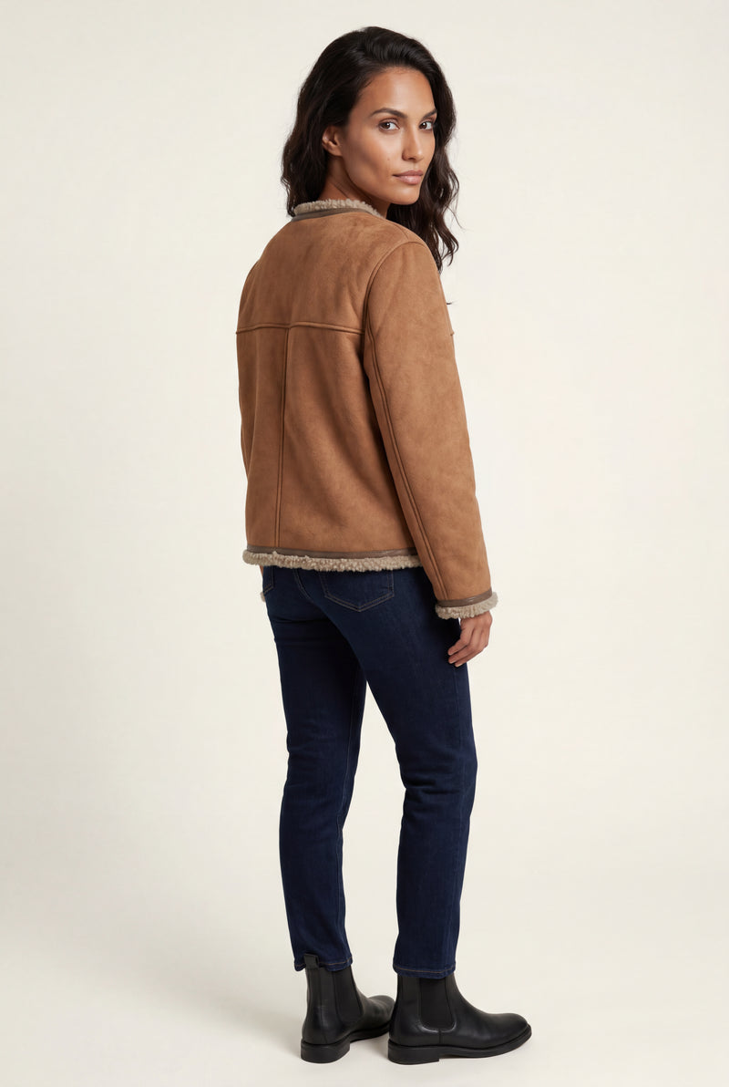 Brown Camel Brown Trim Button-front Jacket - Shearling jacket - Photo 2