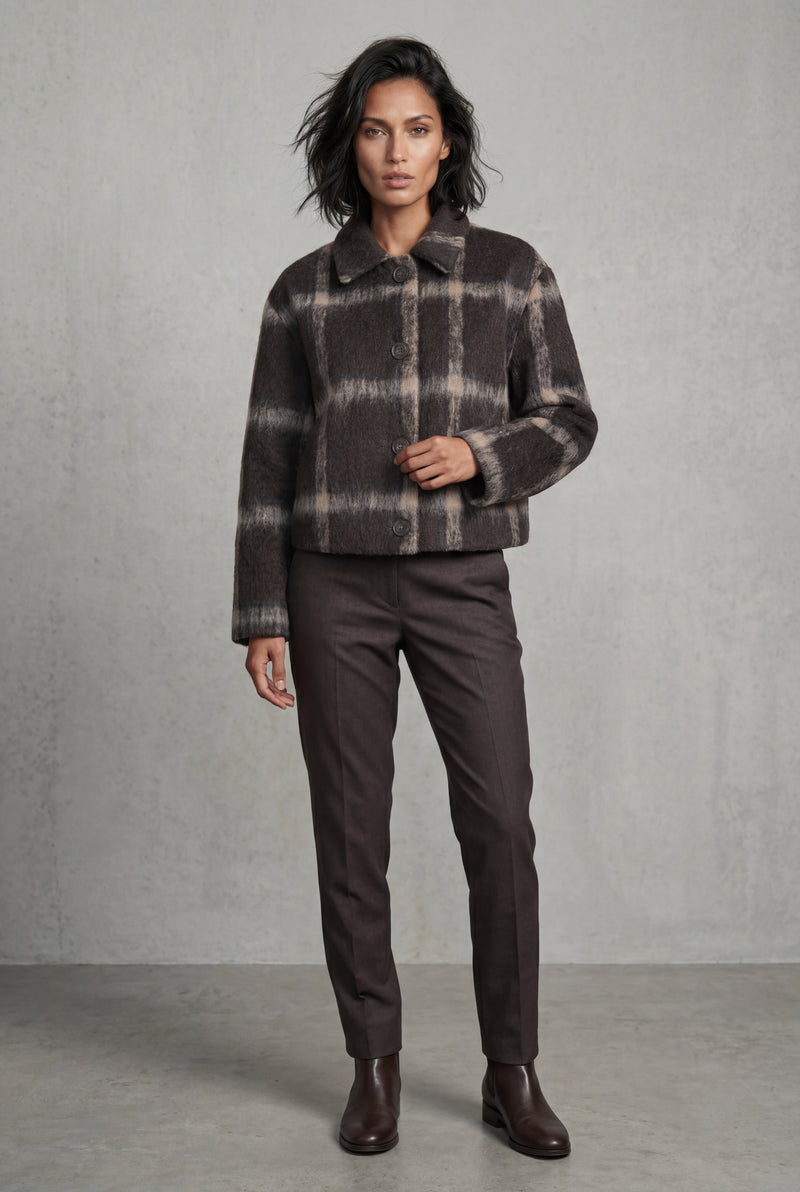 Brown Charcoal Brown Checkered Cropped Tailored Jacket - Tailored jackets - Photo 1