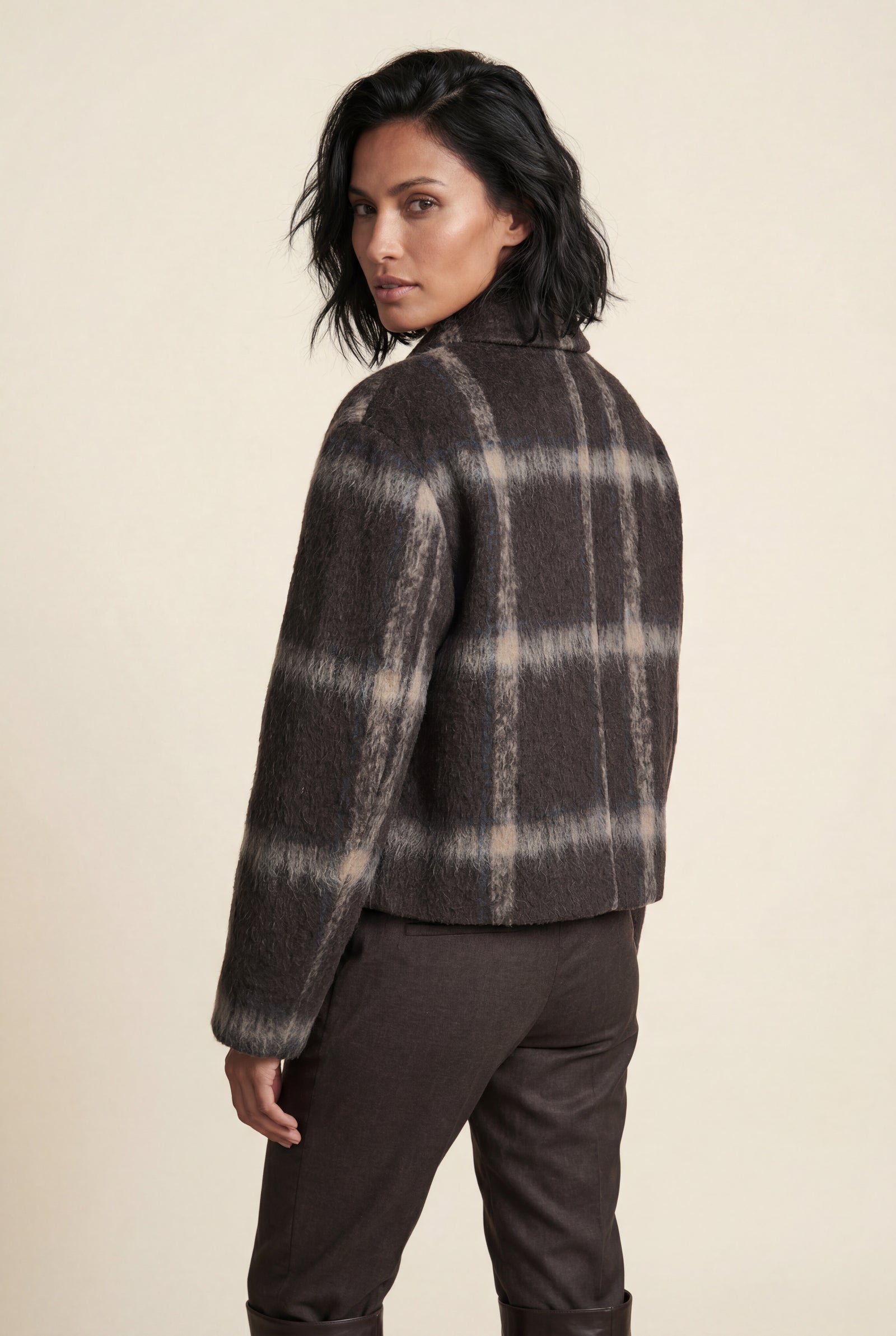 Brown Charcoal Brown Checkered Cropped Tailored Jacket - Tailored jackets - Photo 2