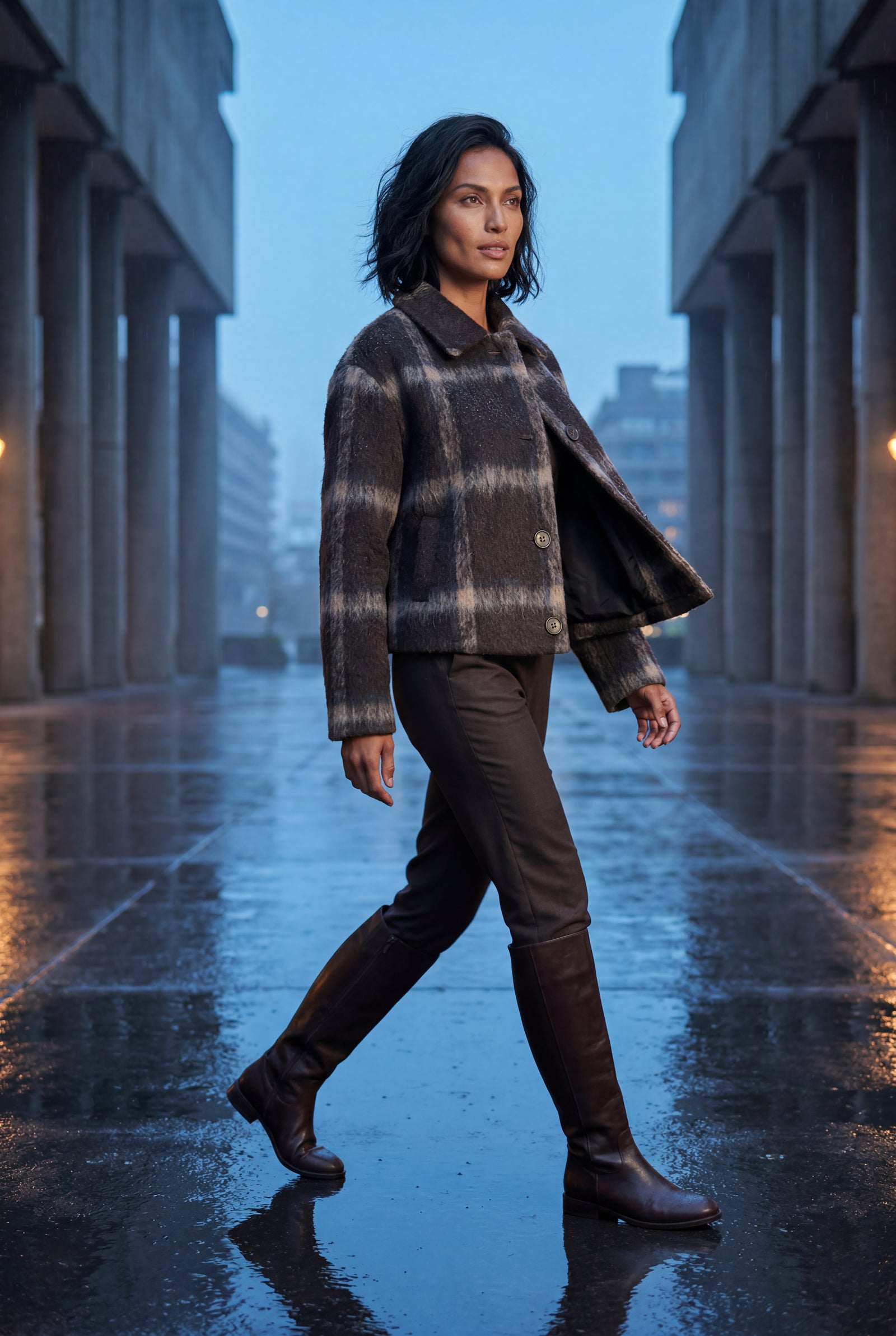 Brown Charcoal Brown Checkered Cropped Tailored Jacket - Tailored jackets - Photo 4