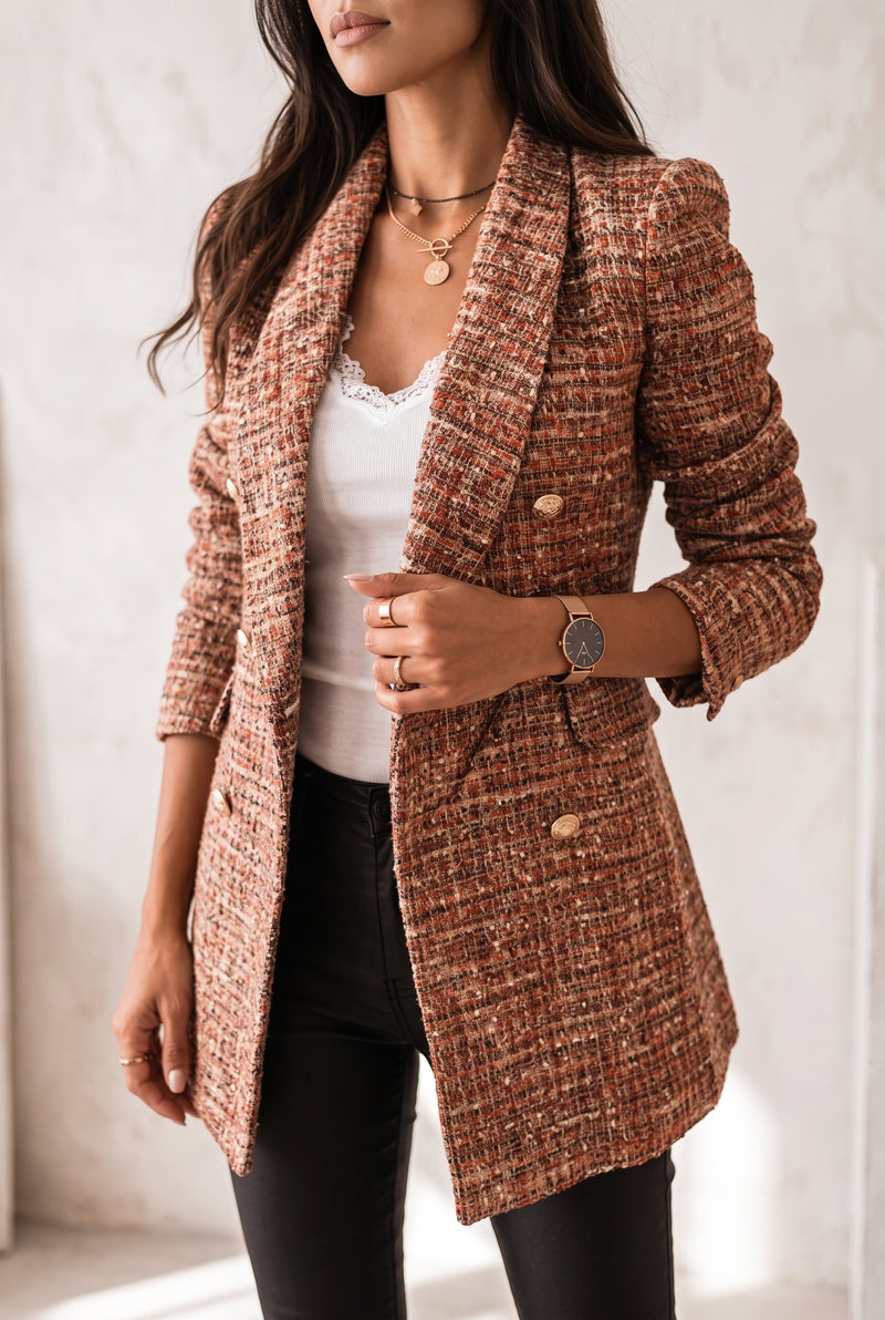 Checked Tweed Blazer in Brown — studio front