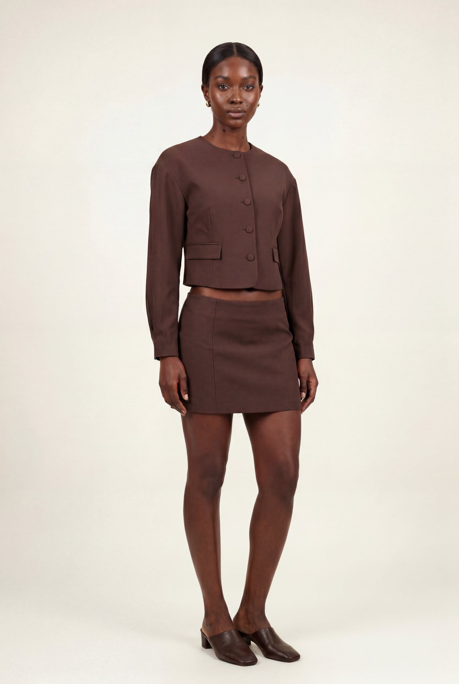 Brown Chocolate Brown Cropped Blazer and Mini Skirt Set - Photo 1