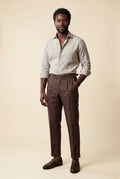 Brown Chocolate Brown Pleated High-waist Trousers - Linen trousers - Photo 1