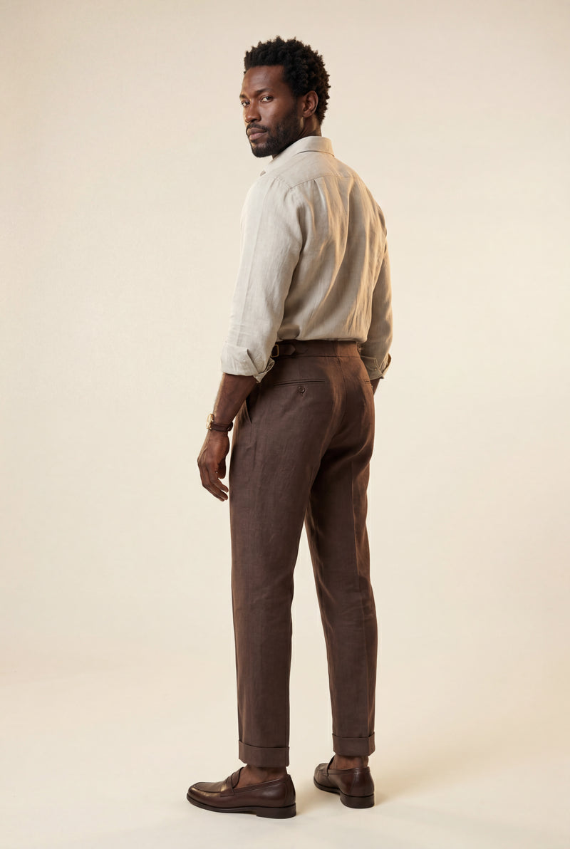 Brown Chocolate Brown Pleated High-waist Trousers - Linen trousers - Photo 2