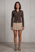 Brown Chocolate Brown Ribbed Button-up Peplum Blouse - Photo 1