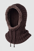Chunky Knit Hooded Neck Warmer in Brown — studio front