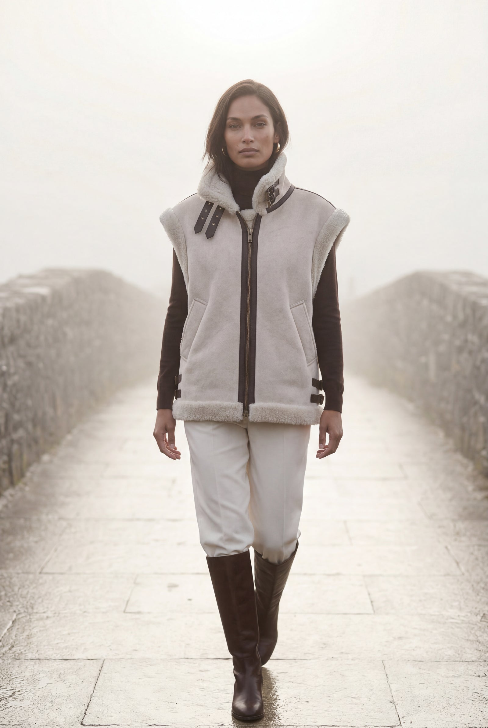 Beige Collar Sleeveless Aviator Vest with Plush Trim - Aviator vests - Photo 16