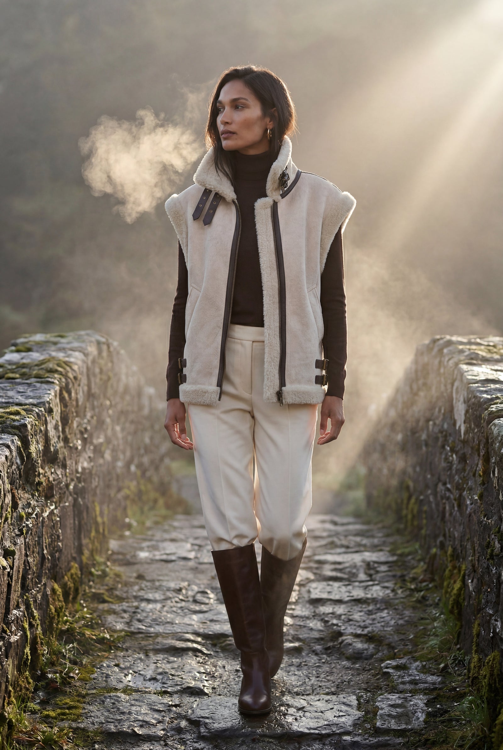 Beige Collar Sleeveless Aviator Vest with Plush Trim - Aviator vests - Photo 17