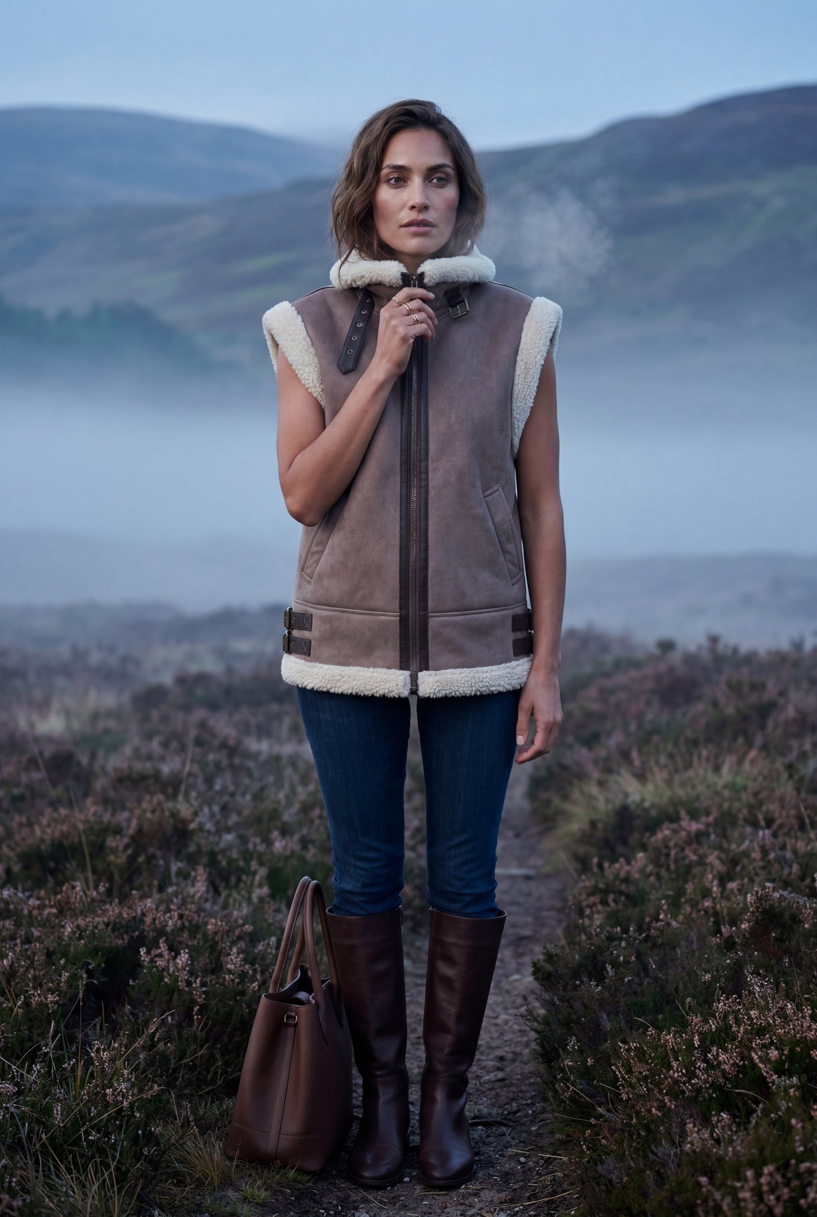 Brown Collar Sleeveless Aviator Vest with Plush Trim - Aviator vests - Photo 8