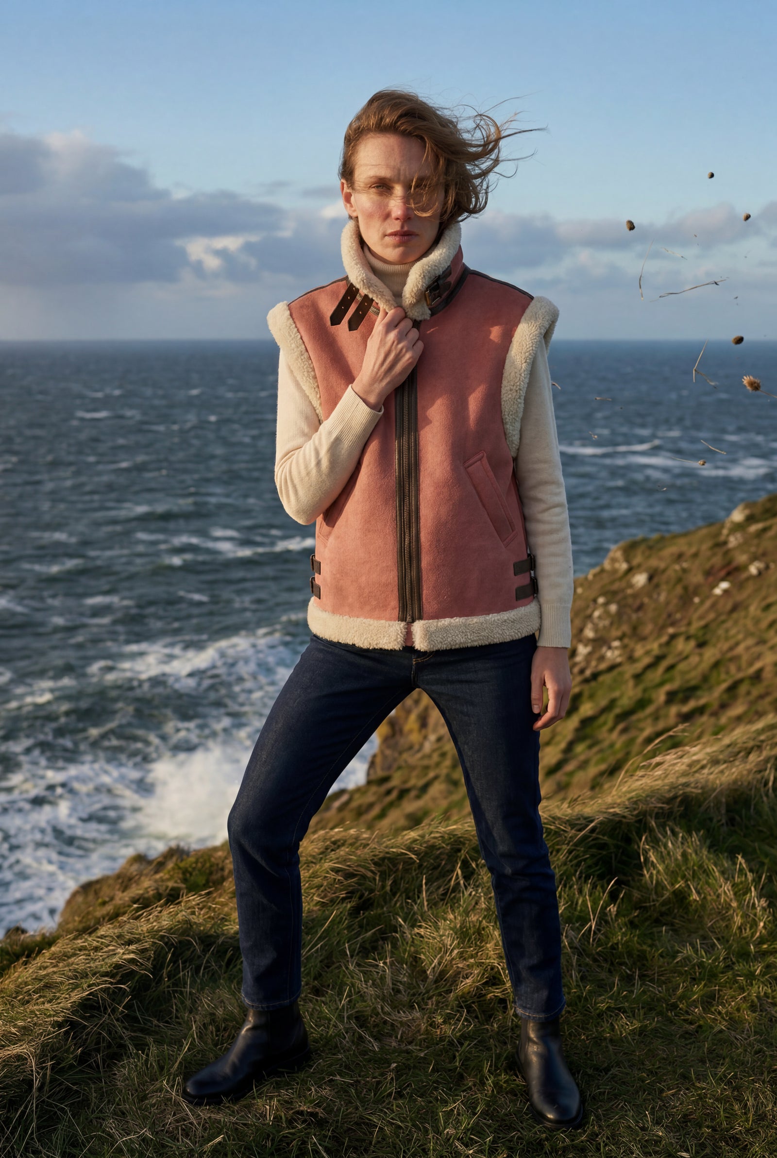 Red Collar Sleeveless Aviator Vest with Plush Trim - Aviator vests - Photo 9