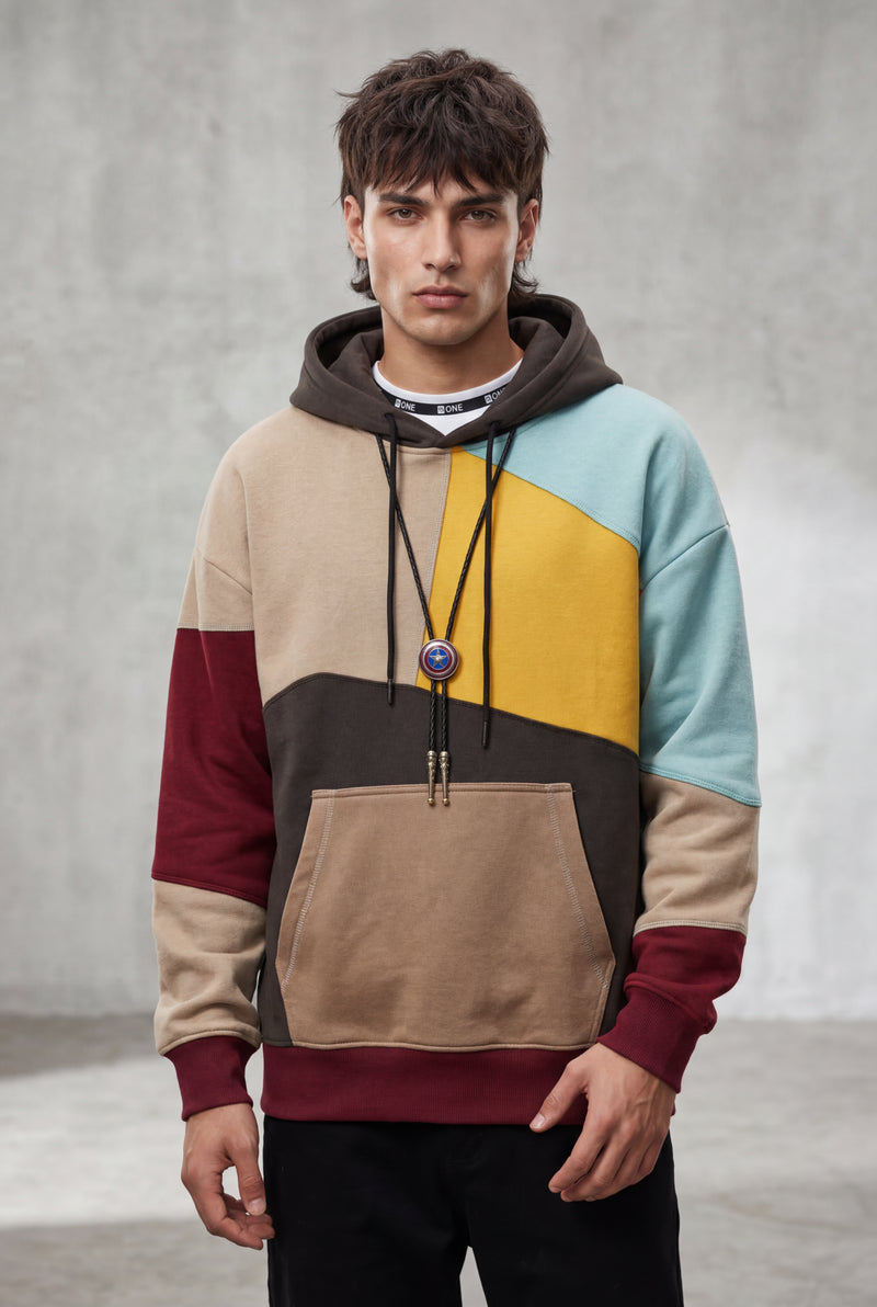 Brown Colorblock Kangaroo Pocket Pullover Hoodie - Casual hoodie - Photo 3