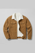 Corduroy Sherpa-Lined Trucker Jacket in Brown — front view