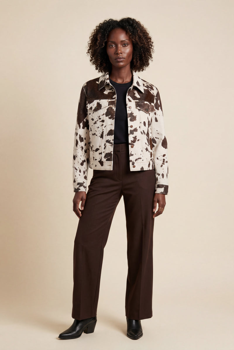 Brown Cow Print Cropped Faux Fur Trucker Jacket Brown - Leather jackets - Photo 1