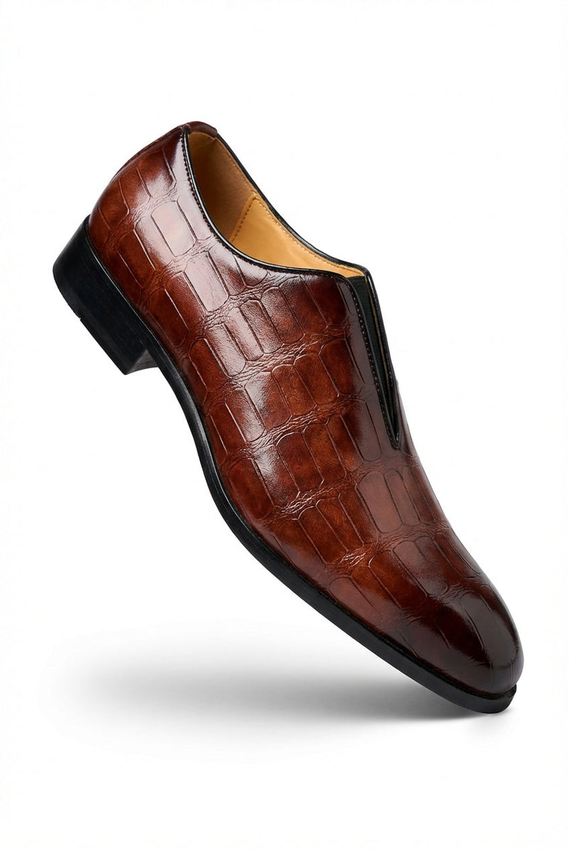Brown Crocodile-embossed Slip-on Glossy Dress Shoes - Photo 1