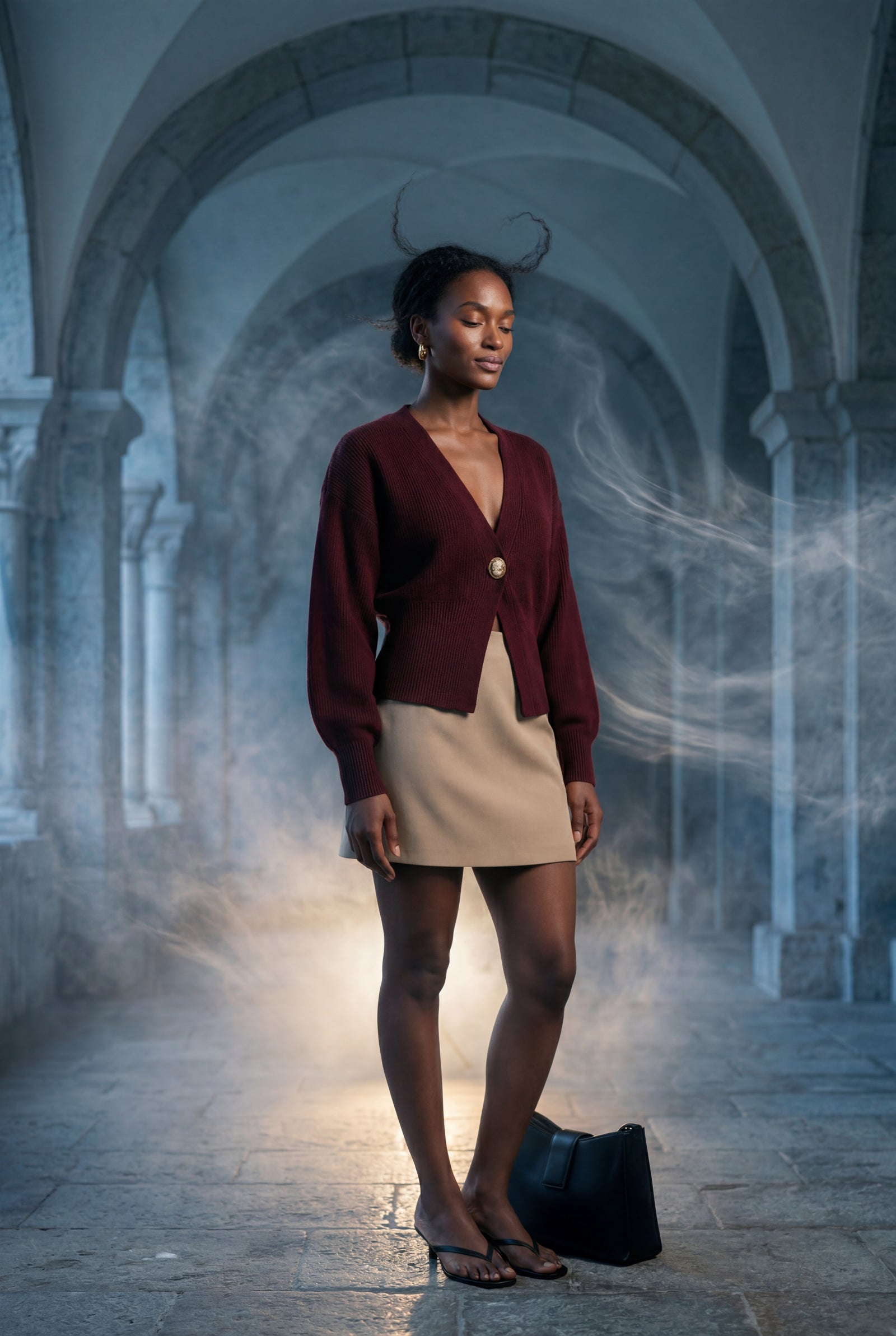 Burgundy Deep V-neck Gold Button Cardigan Sweater - V-neck sweater - Photo 12