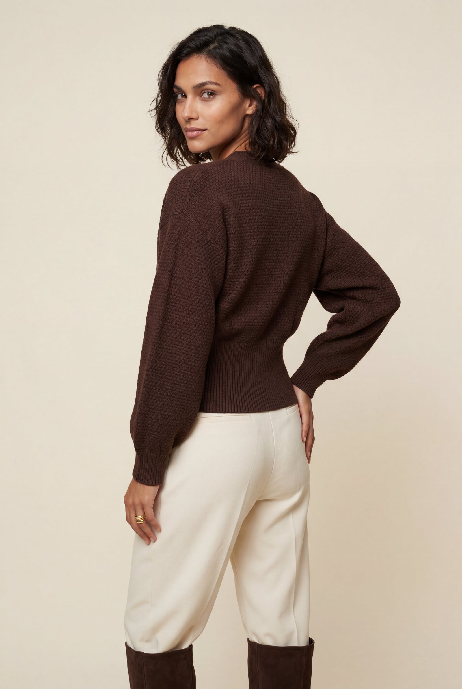 Brown Deep V-neck Gold Button Cardigan Sweater - V-neck sweater - Photo 14